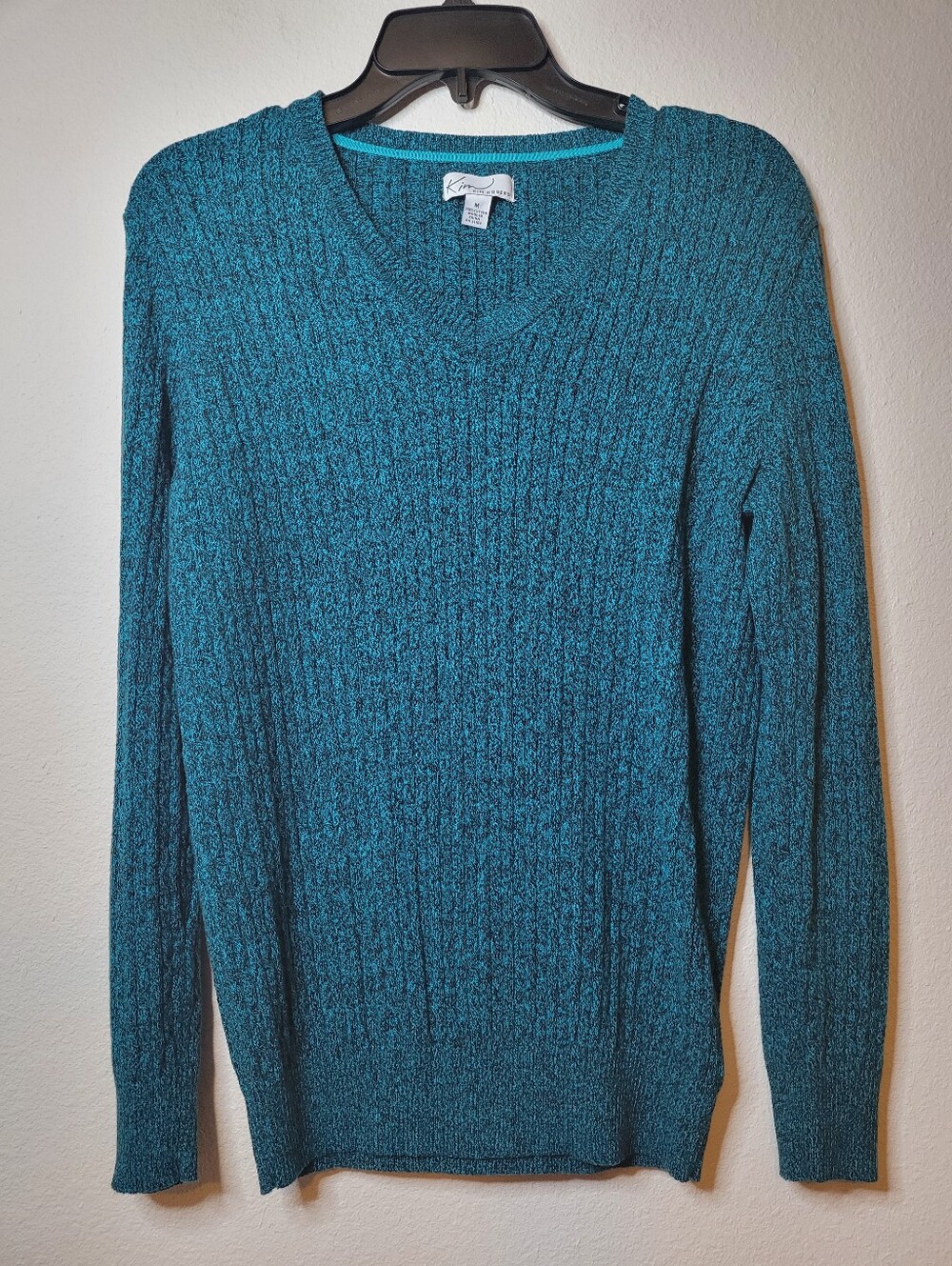 Kim Rogers 100% Cotton Teal Marl Cable Knit V-Neck Sweater Size M EUC Like New